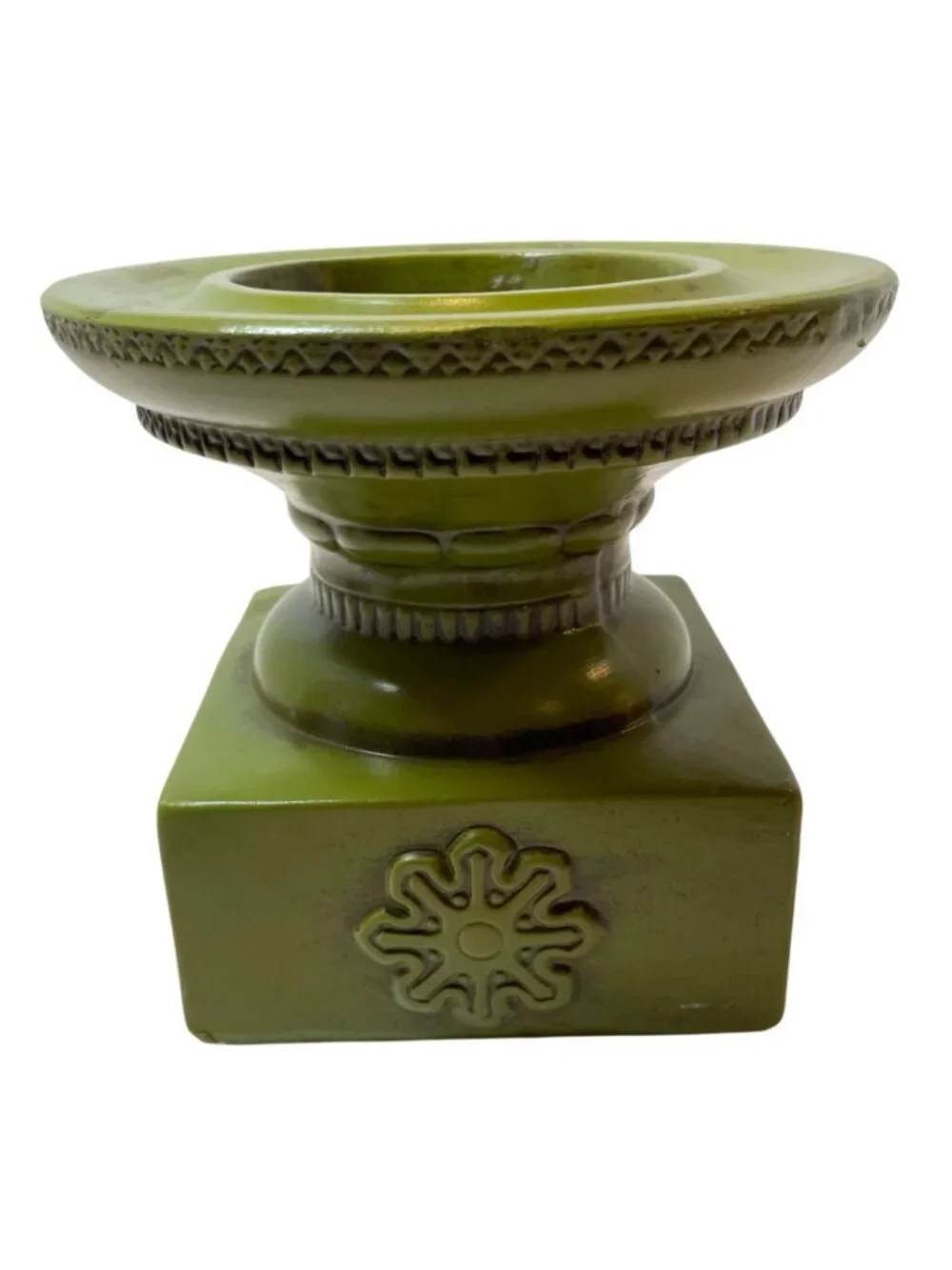 Vintage Green Ceramic Candle Holder Made In Japan With Embossed Floral Design &
